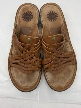 UGG Brown Leather Woven Slide Sandals Comfort Footbed Women’s Size‎ 9